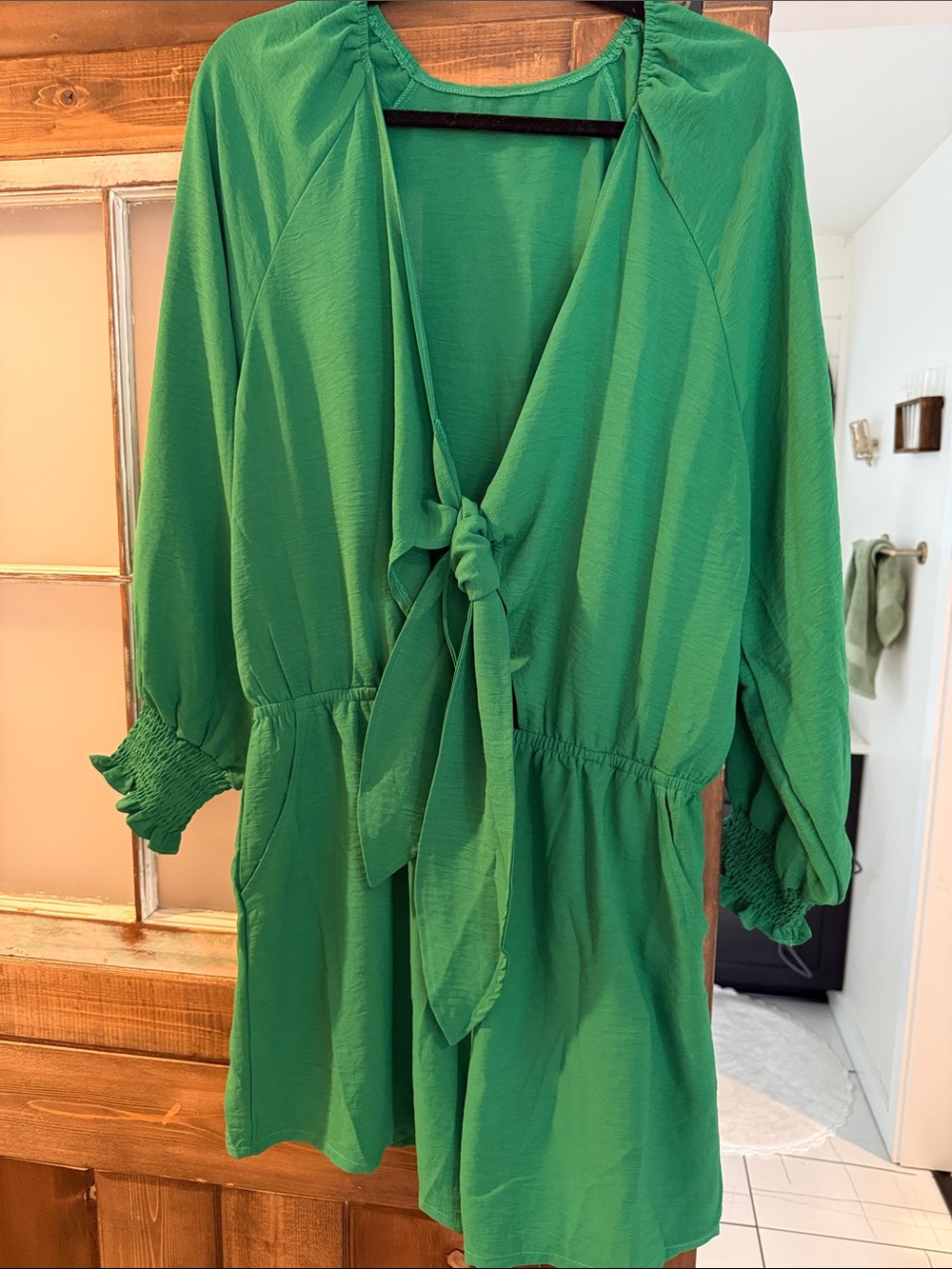 Green Long Sleeve Elastic Waist Dress